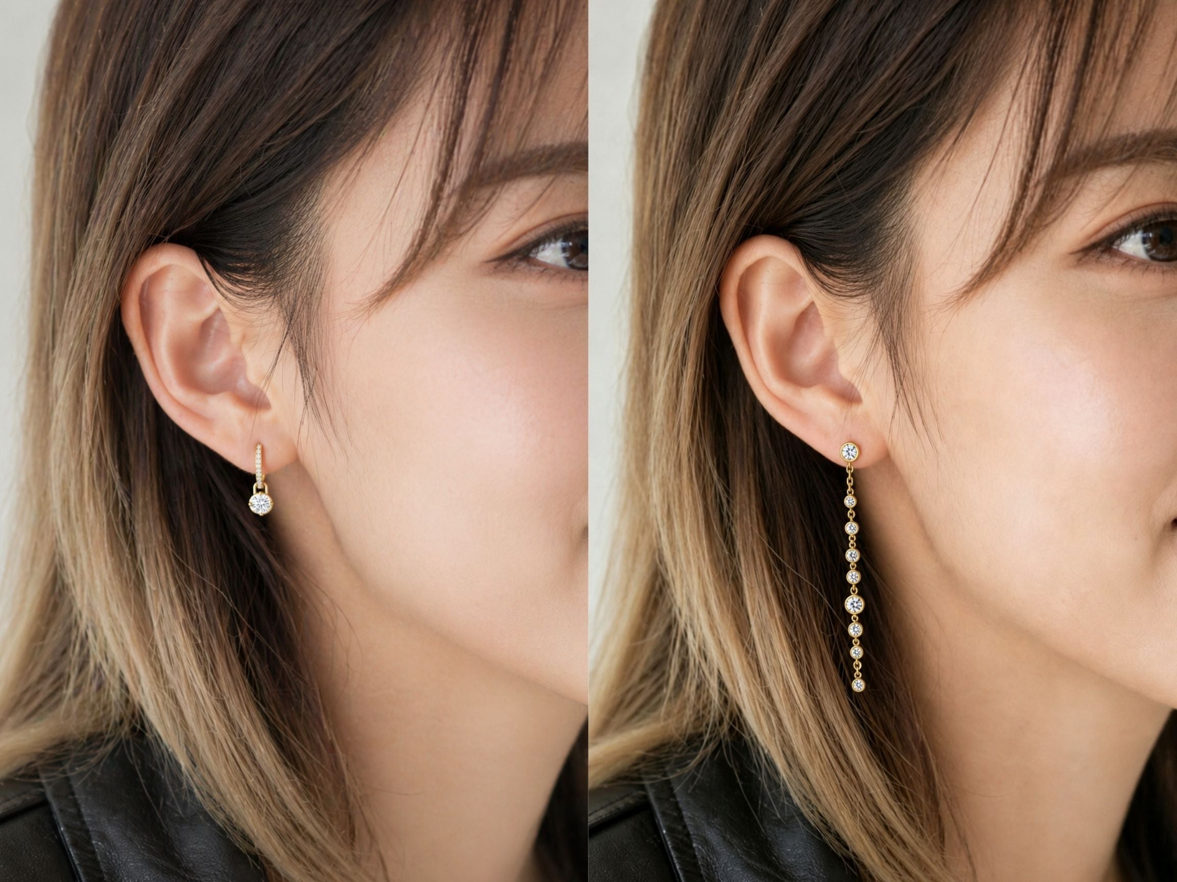 Side-by-side on-ear comparison of a compact MOD diamond drop hoop and a long DEW diamond drop earring at the same scale.