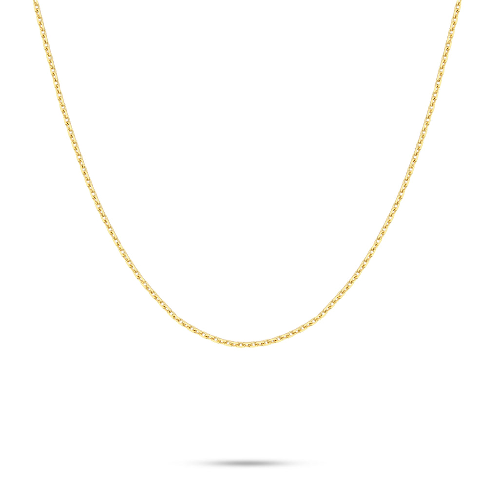 J'ENCHANTE 18K gold chain necklace, shown on a white background with a refined slim chain silhouette for solo wear, pendants or layering.