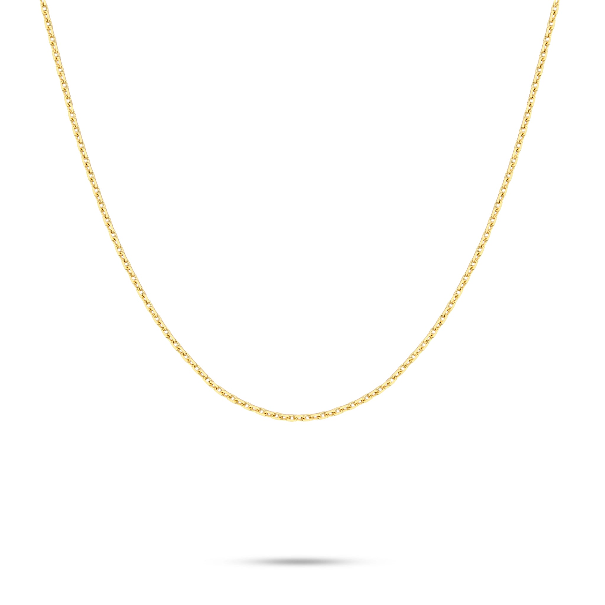 J'ENCHANTE 18K gold chain necklace, shown on a white background with a refined slim chain silhouette for solo wear, pendants or layering.