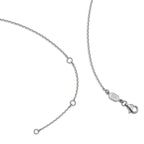 Detail view of the J'ENCHANTE 18K white gold adjustable chain necklace, showing the extender rings and lobster clasp on a white background.
