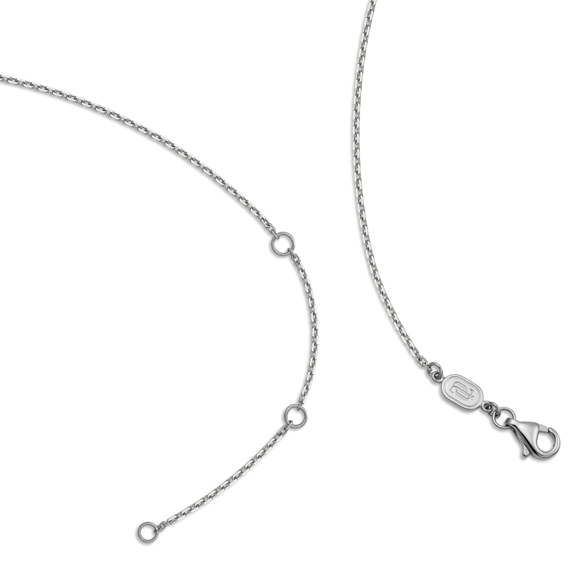 Detail view of the J'ENCHANTE 18K white gold adjustable chain necklace, showing the extender rings and lobster clasp on a white background.
