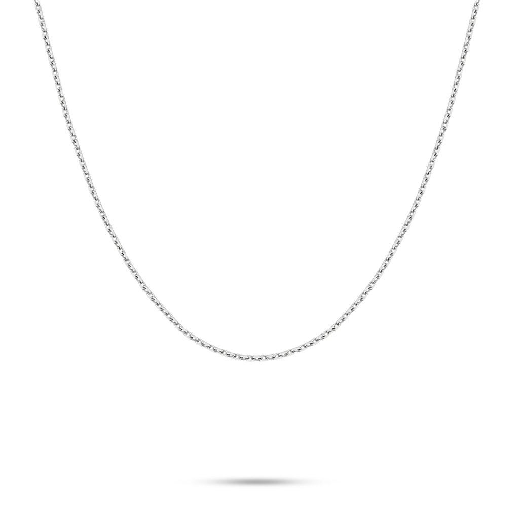J'ENCHANTE 18K white gold chain necklace, shown on a white background with a refined slim chain silhouette for solo wear, pendants or layering.