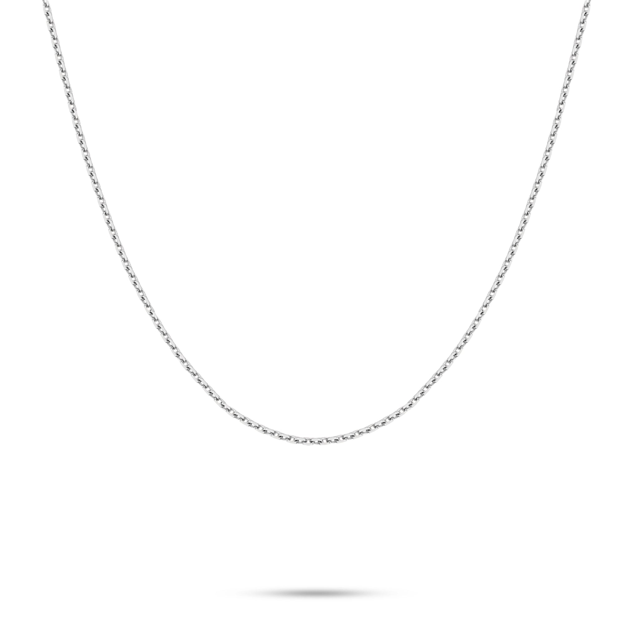J'ENCHANTE 18K white gold chain necklace, shown on a white background with a refined slim chain silhouette for solo wear, pendants or layering.