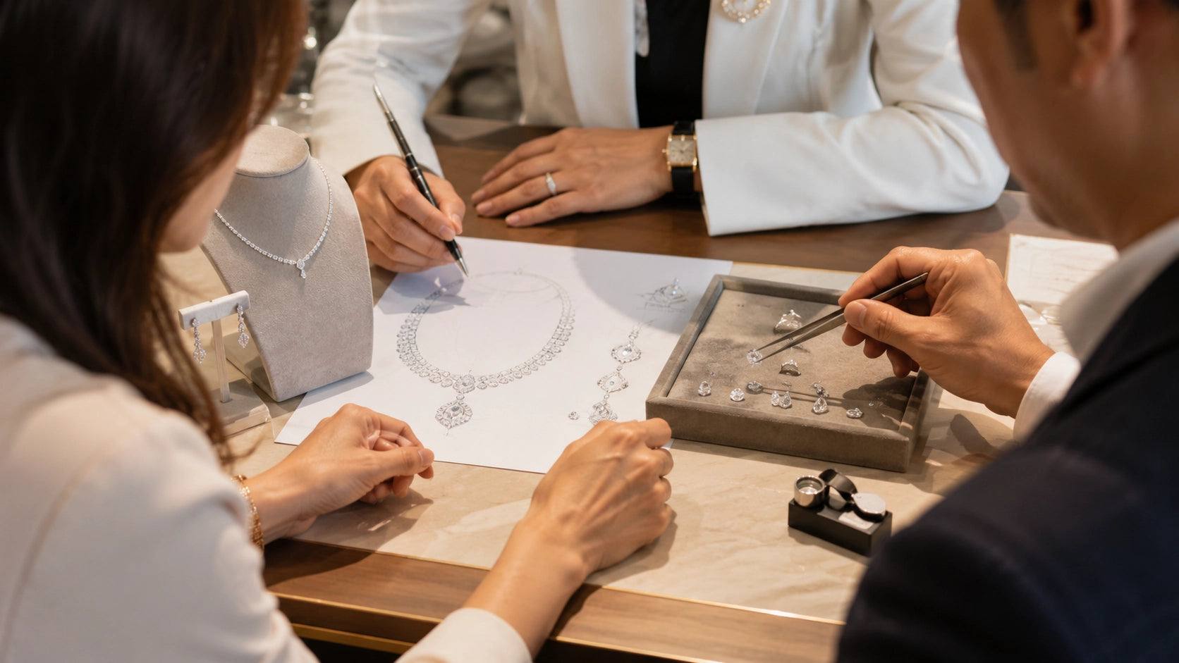 J'ENCHANTE team discussing a bespoke diamond jewelry design with sketches, loose diamonds, and finished pieces on the consultation table.