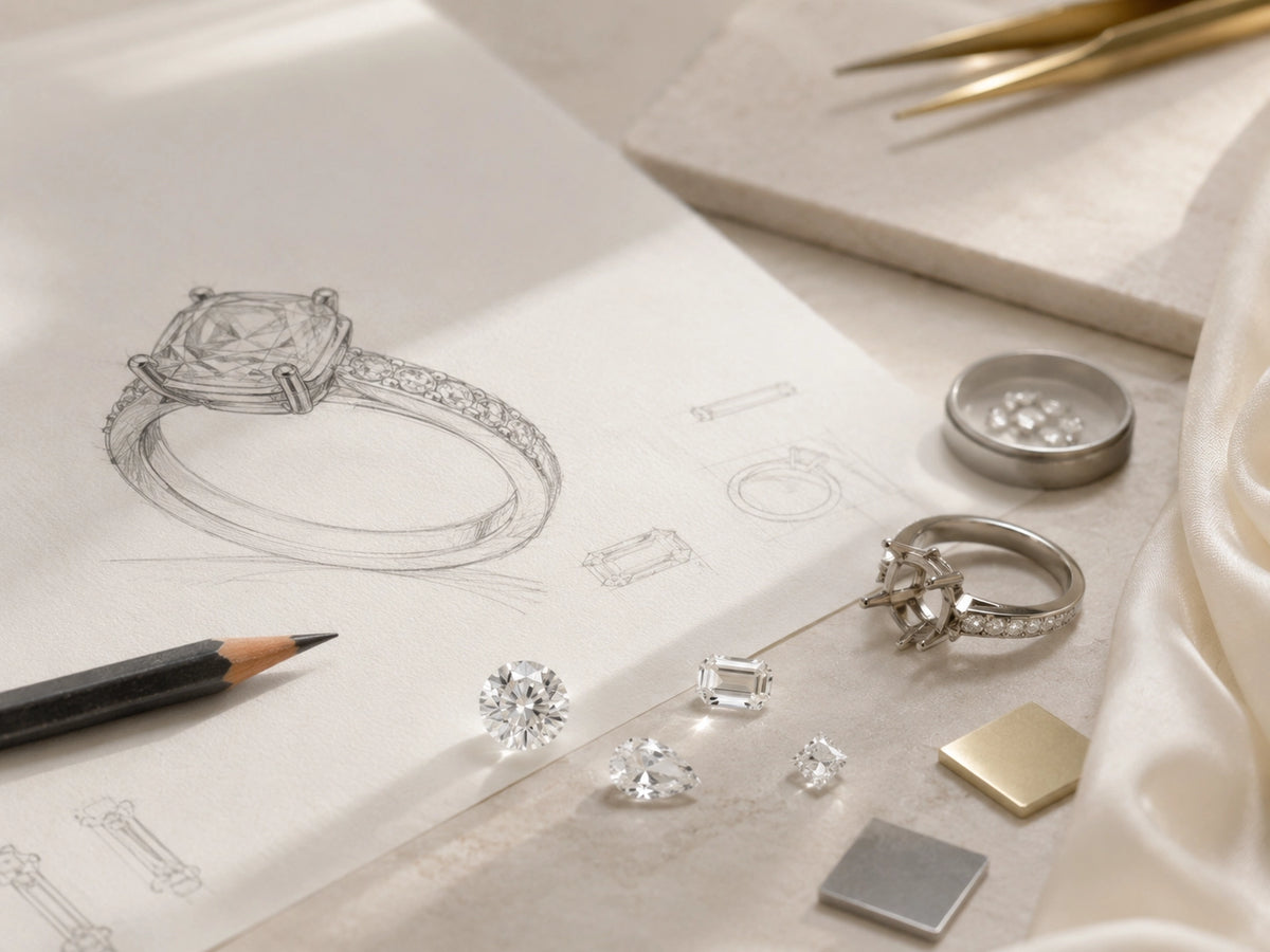 Diamond ring sketches, loose diamonds, and jewelry tools on a design table, representing J'ENCHANTE bespoke jewelry creation.