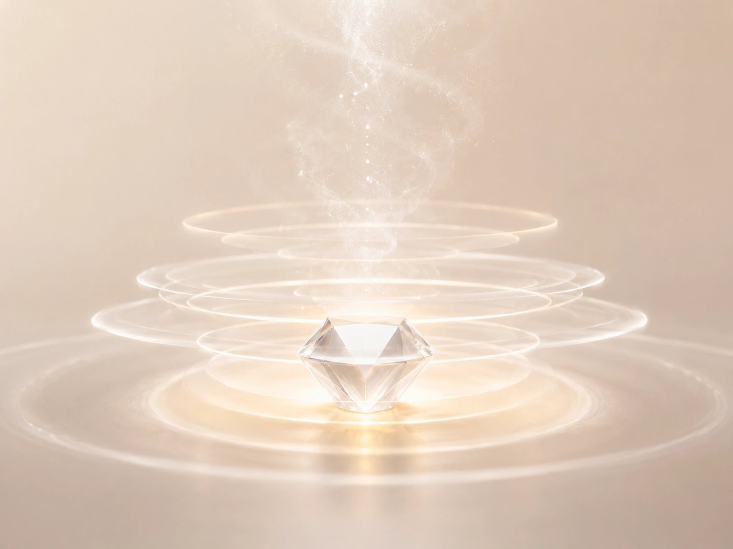 Conceptual visual of a diamond growing through layered light and vapor, representing the CVD method used to create lab-grown diamonds.