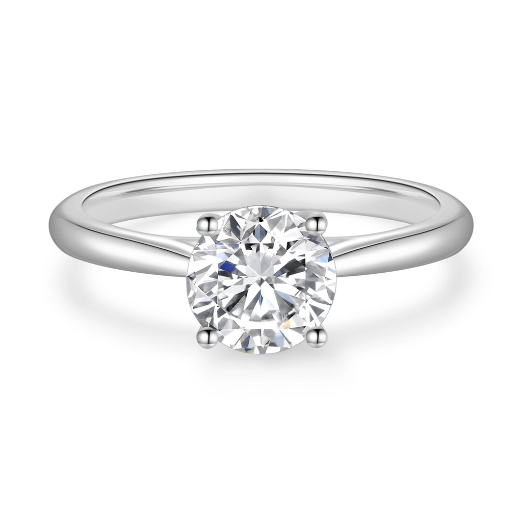 ront detail view of the J'ENCHANTE Classic 18K white gold lab-grown diamond ring, highlighting the round center diamond, four-prong setting and polished band.
