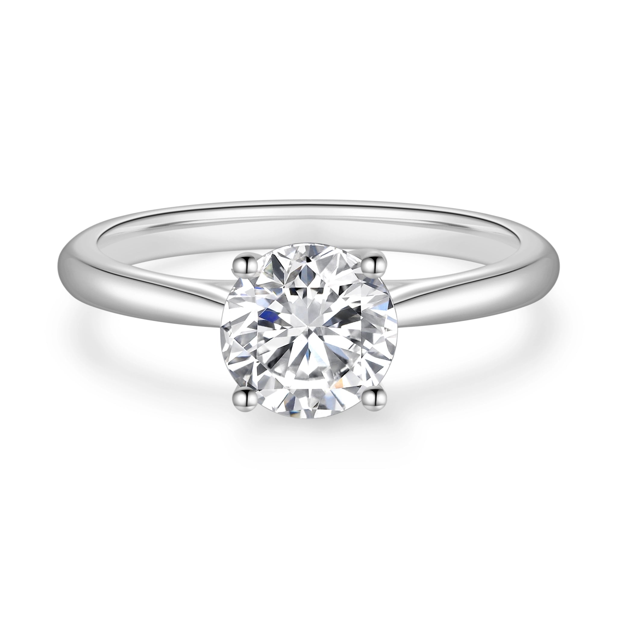 ront detail view of the J'ENCHANTE Classic 18K white gold lab-grown diamond ring, highlighting the round center diamond, four-prong setting and polished band.