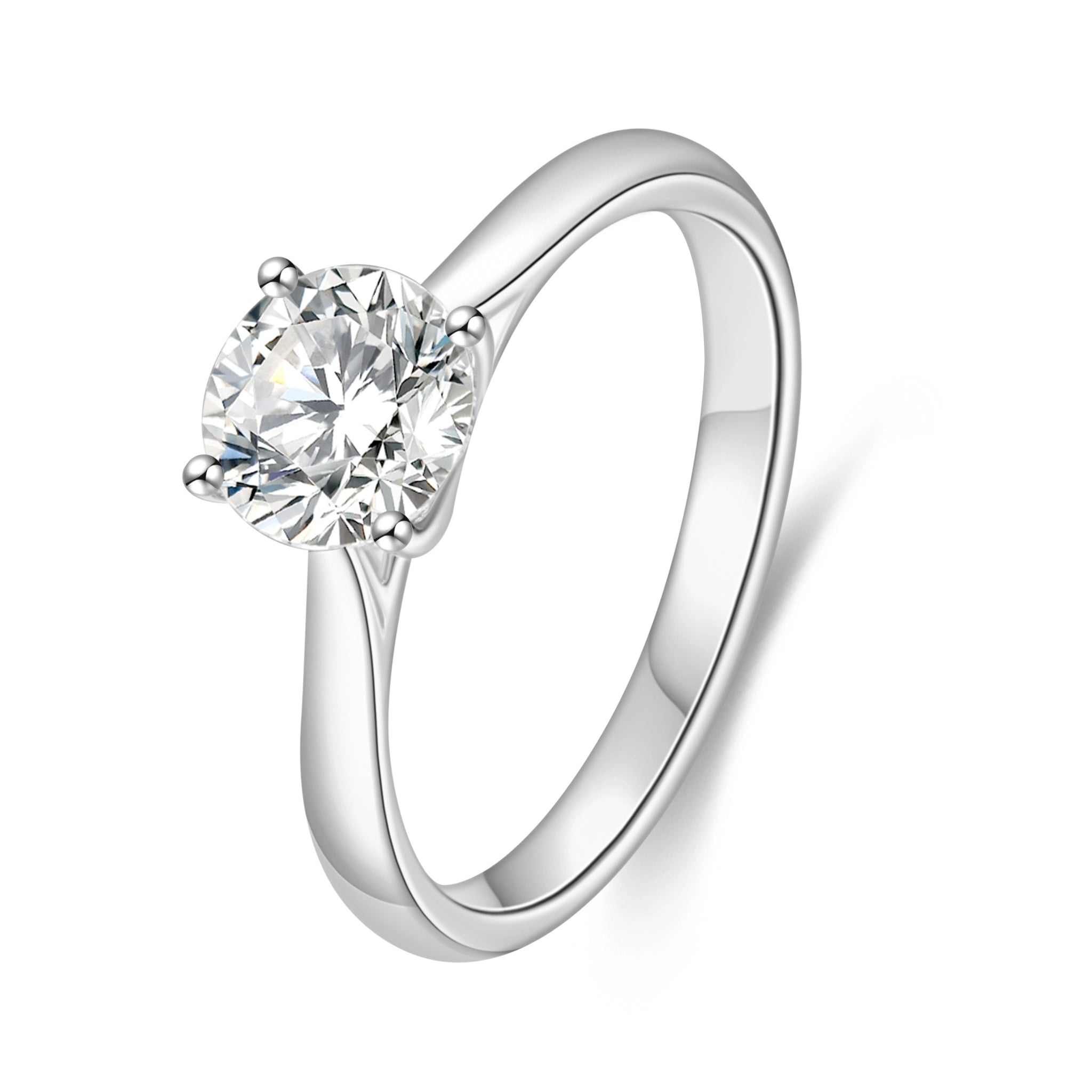 J'ENCHANTE Classic 18K white gold lab-grown diamond solitaire ring, shown on a white background with a round center diamond and four-prong setting.