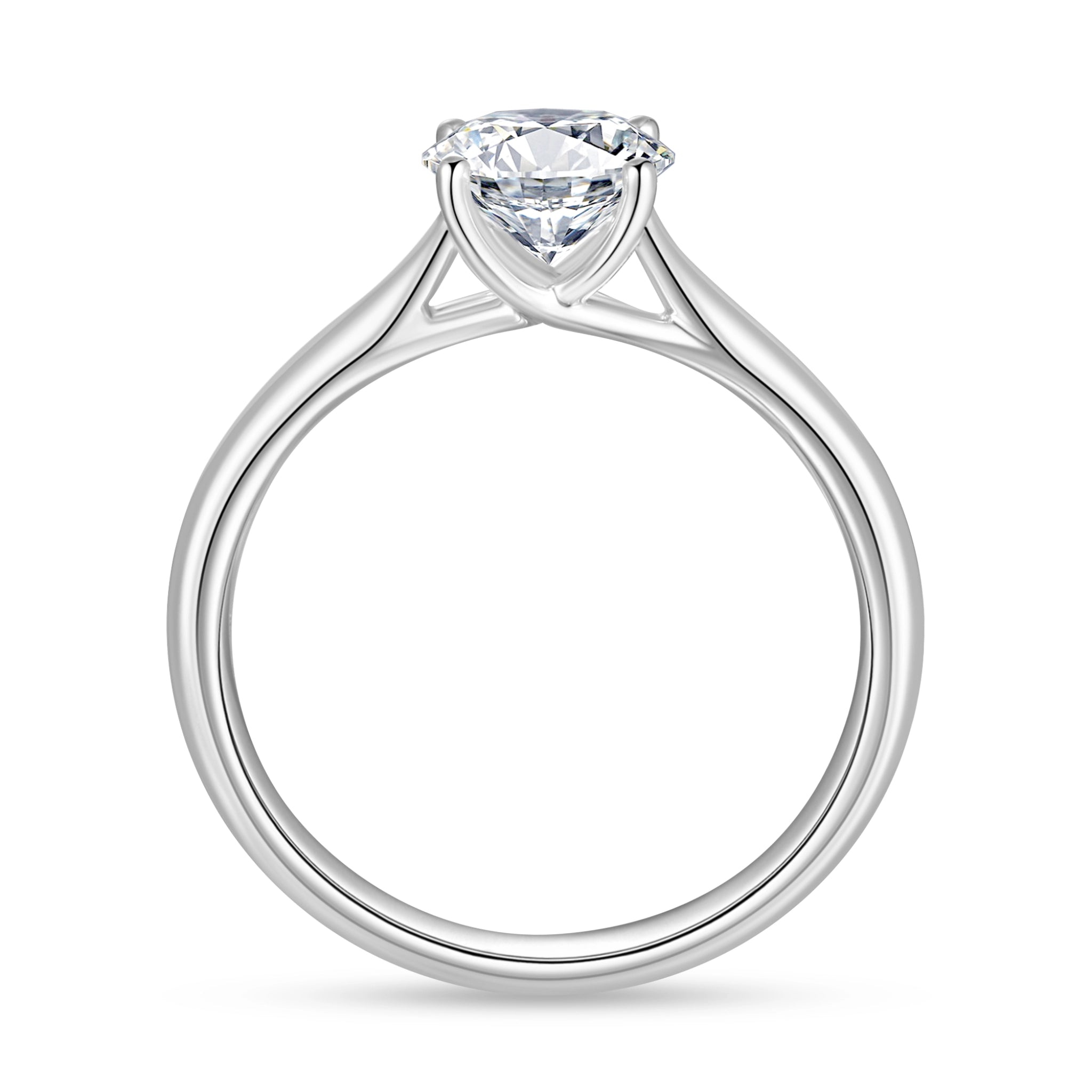Side view of the J'ENCHANTE Classic 18K white gold lab-grown diamond ring, showing the four-prong setting, open gallery and refined band structure.