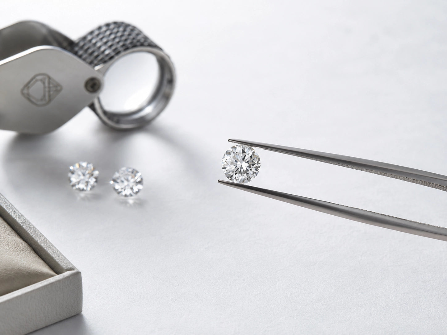 Jeweler holding a round diamond with tweezers beside a loupe and loose diamonds, showing careful selection for cut, light return, and visual balance.