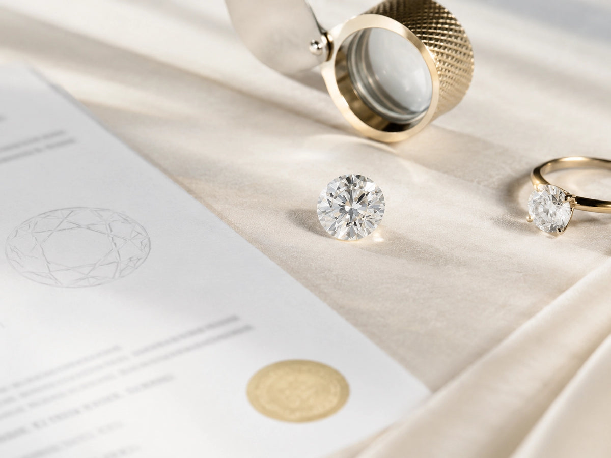 Loose diamonds, diamond rings, and a certificate on soft fabric, representing J'ENCHANTE lab-grown diamond certification and quality standards.