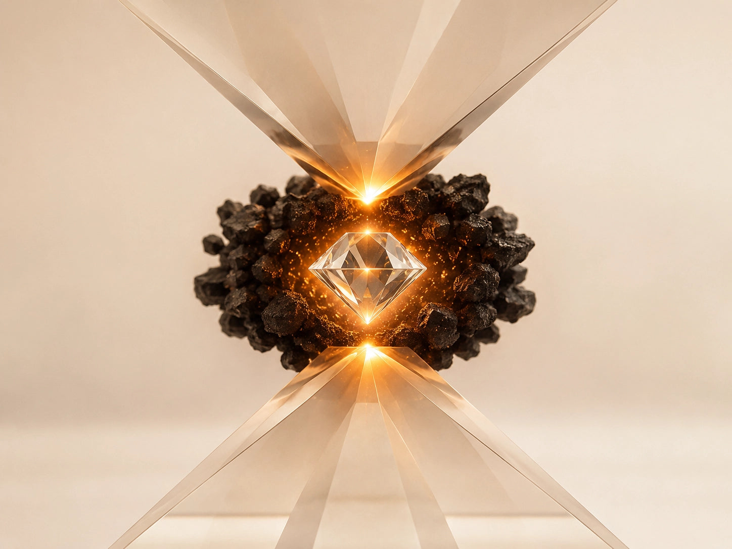 Conceptual visual of a diamond forming under high pressure and high temperature, representing the HPHT method used to create lab-grown diamonds.