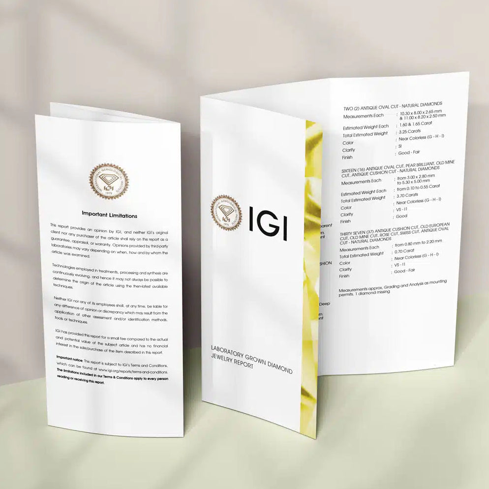 IGI laboratory-grown diamond report displayed on a light background, representing independent grading and certification for lab-grown diamonds.
