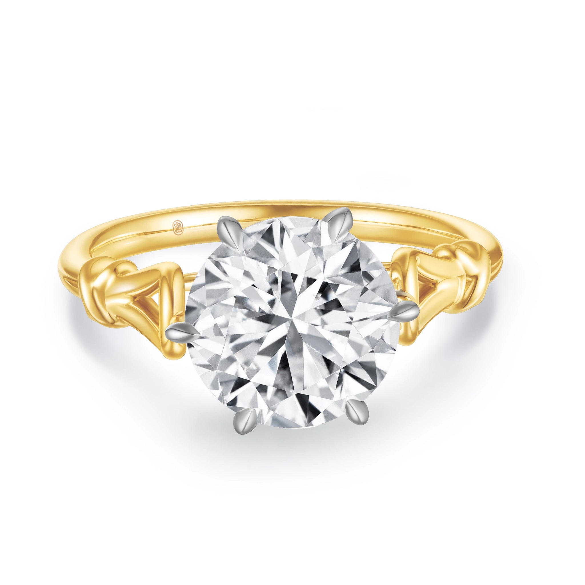 Front detail view of the J'ENCHANTE Intertwine 18K gold lab-grown diamond ring, highlighting the round center diamond and sculptural gold band.