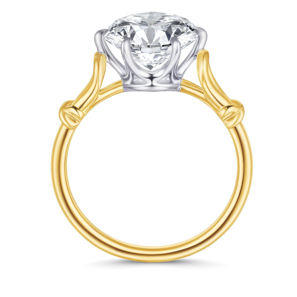 Side view of the J'ENCHANTE Intertwine 18K gold lab-grown diamond ring, showing the prong setting, open gallery and intertwined band details.