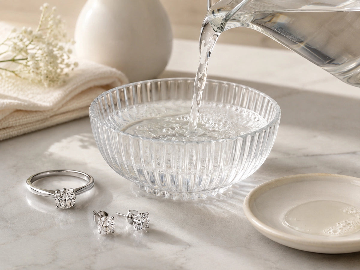 Small bowl being filled with lukewarm water beside diamond jewelry, showing the first step of preparing a gentle cleaning solution.