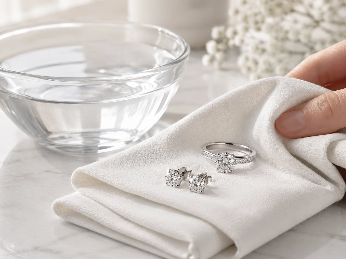 Diamond jewelry resting on a soft cloth beside a bowl of clean water, showing the final rinse and dry step.