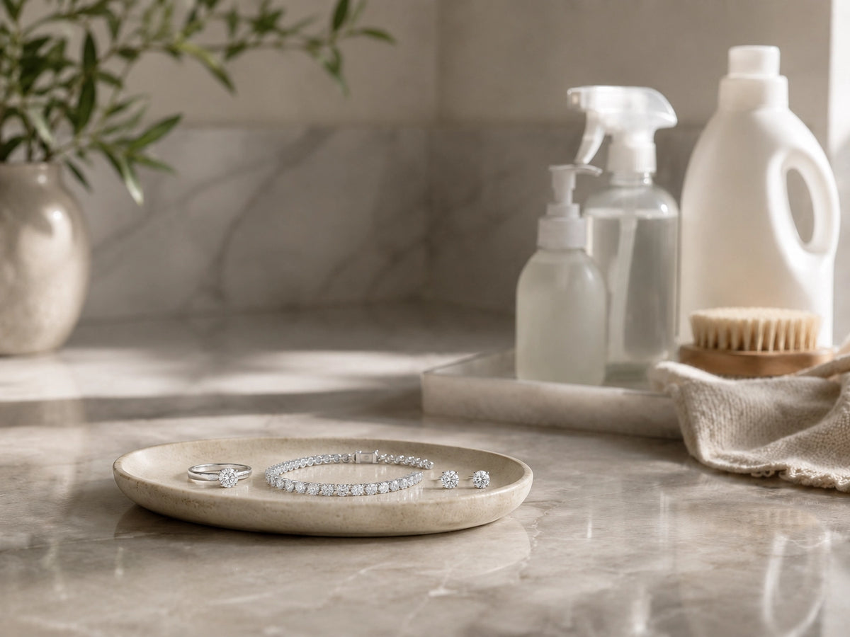 Diamond jewelry placed near cleaning products and a soft cloth, showing the importance of keeping fine jewelry away from harsh chemicals.