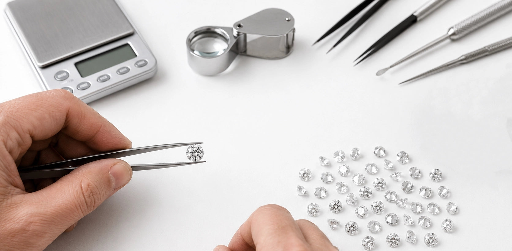 Jeweler selecting loose lab-grown diamonds with tweezers beside grading tools, representing J'ENCHANTE's diamond education and selection standards.