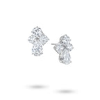 J'ENCHANTE Luminous Poise 18K white gold diamond earrings, shown with one front view and one side view highlighting the pear-shaped drop diamond and sculptural setting details.