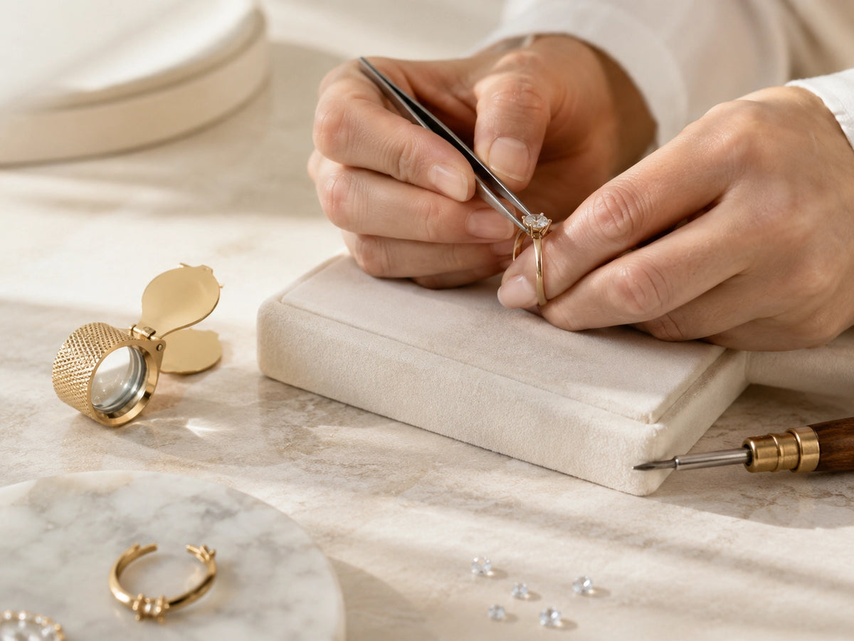 Jeweler working on fine jewelry with tools and diamonds, showing J'ENCHANTE's 18K gold materials and production process.
