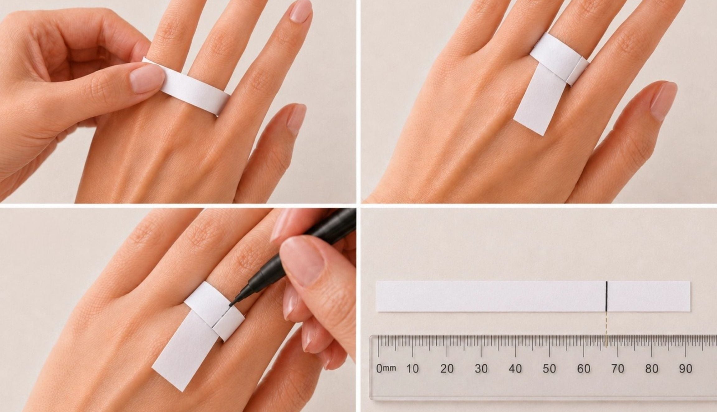 Step-by-step guide showing how to measure finger circumference with a paper strip and ruler for choosing the right ring size.