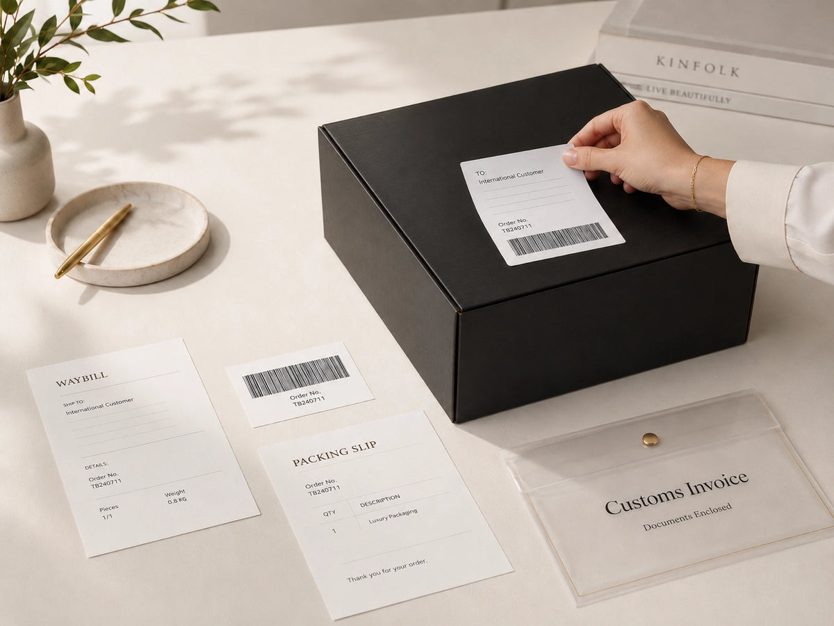 J'ENCHANTE shipping box with invoice, packing documents, and certification materials, representing order processing, delivery, and duties.