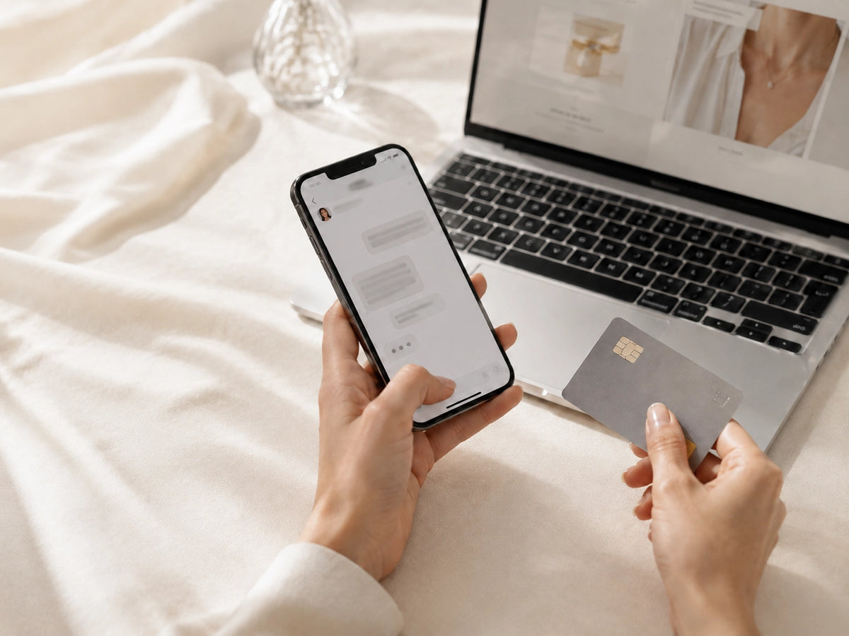 Client checking J'ENCHANTE jewelry information online with a phone and payment card, representing payments and client support.