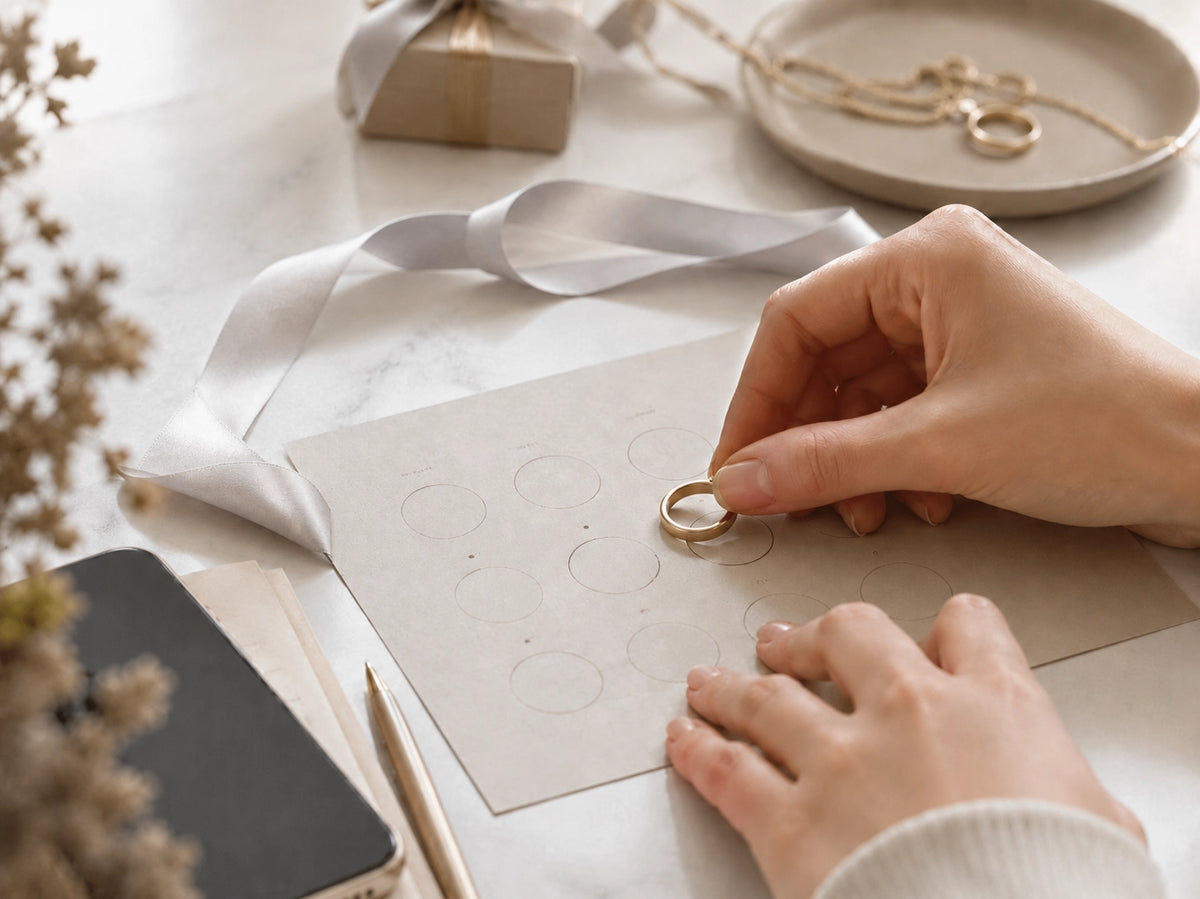 Hand placing an 18K gold ring beside jewelry documents and packaging, representing J'ENCHANTE pricing, value, and fine jewelry guidance.