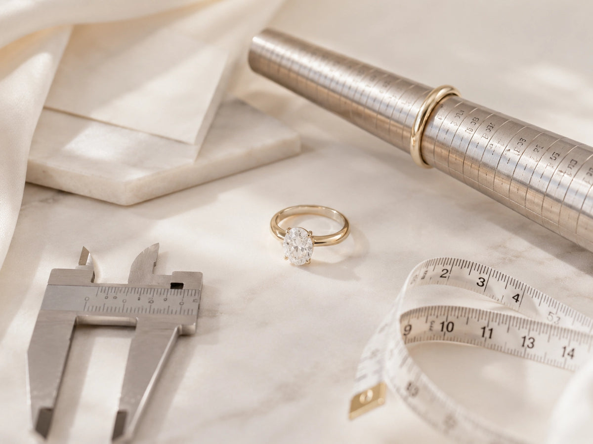 Diamond ring with measuring tools, ring mandrel, and sizing tape, representing J'ENCHANTE product details and jewelry sizing guidance.