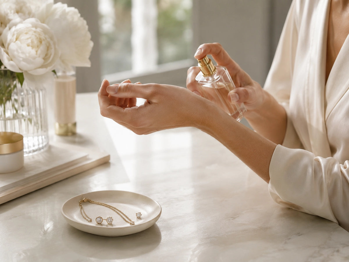 Person applying perfume near a jewelry dish, reminding customers to put diamond jewelry on after perfume, lotion, and cosmetics.