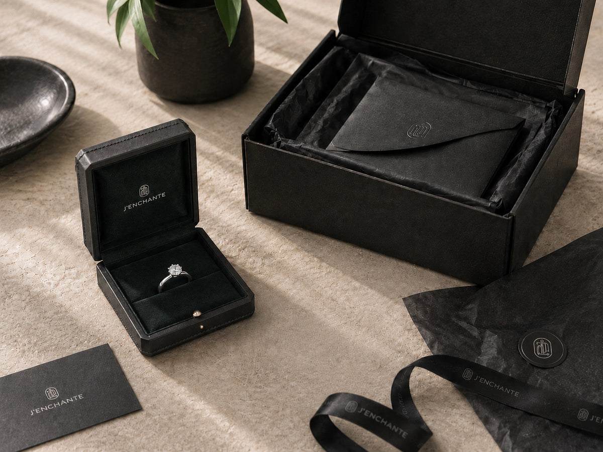 Open J'ENCHANTE jewelry box with a diamond ring and branded packaging, representing return and exchange information.