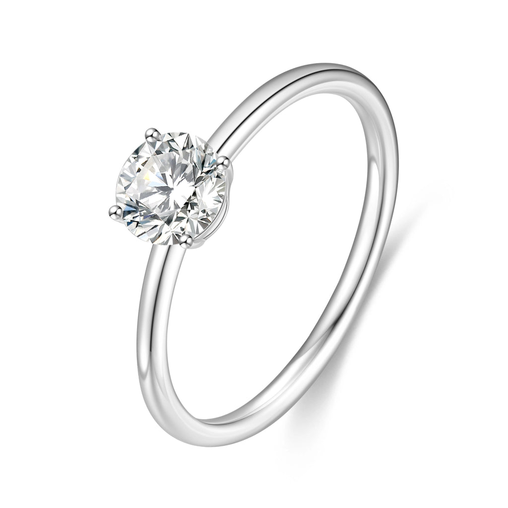 J'ENCHANTE Soft Curve 18K white gold lab-grown diamond ring, shown on a white background with a 0.5 carat round center diamond and four-prong setting.