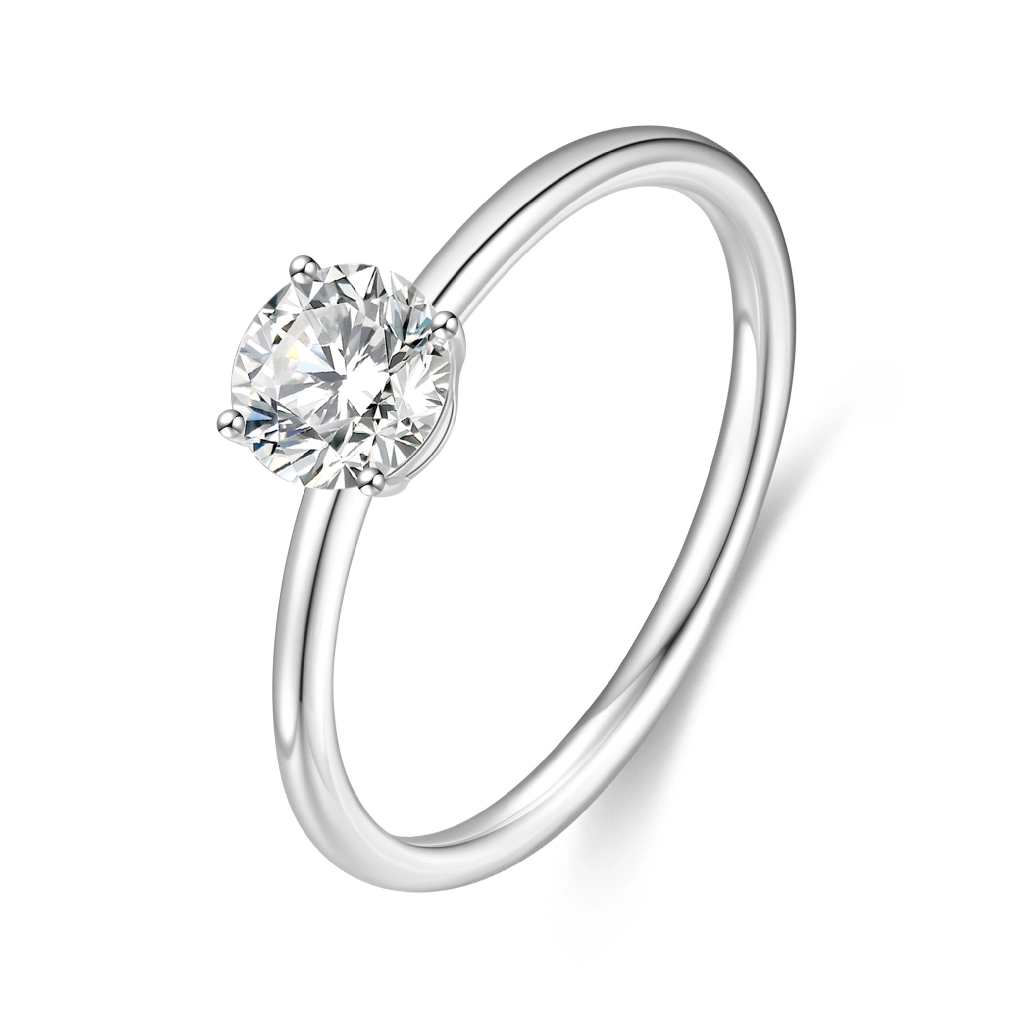 J'ENCHANTE Soft Curve 18K white gold lab-grown diamond ring, shown on a white background with a 0.5 carat round center diamond and four-prong setting.