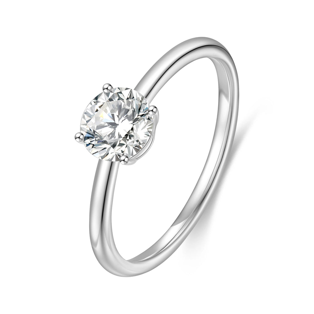 J'ENCHANTE Soft Curve 18K white gold lab-grown diamond ring, shown on a white background with a 0.7 carat round center diamond and four-prong setting.