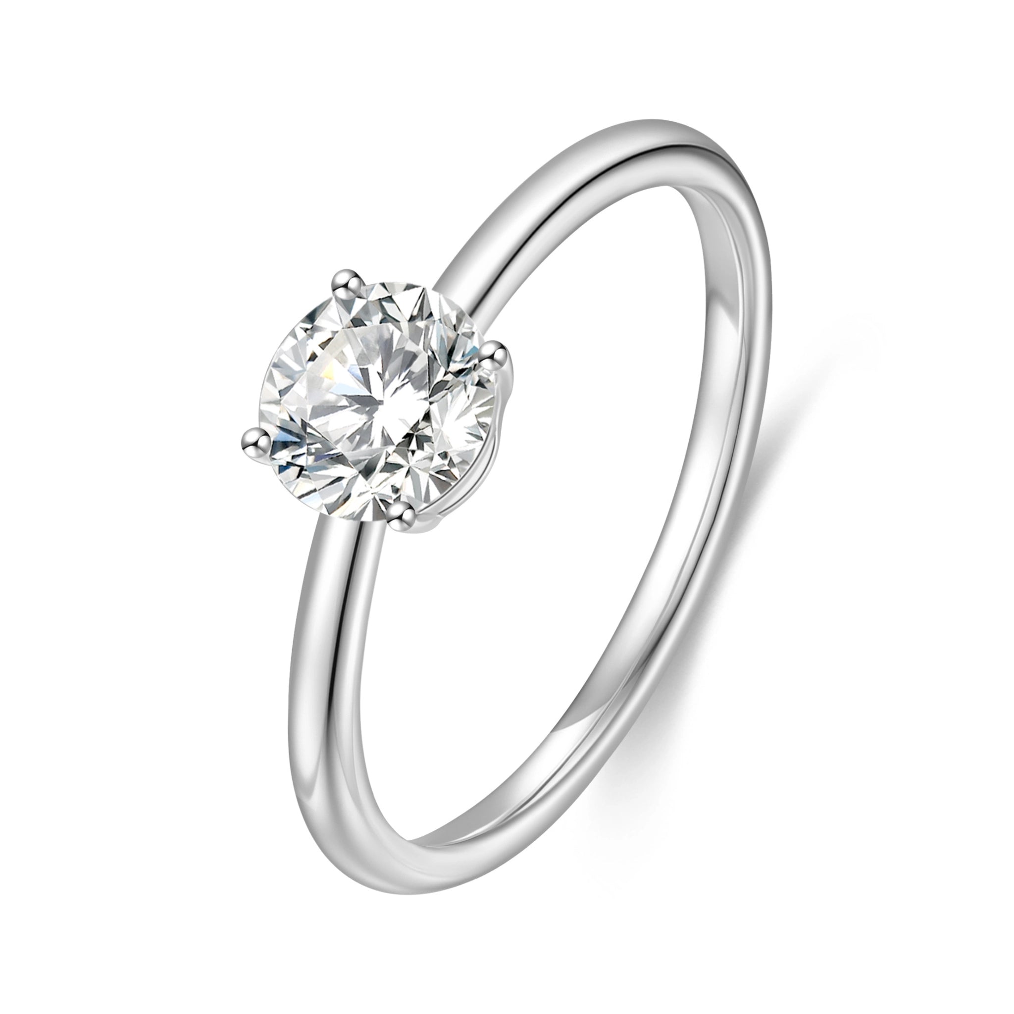 J'ENCHANTE Soft Curve 18K white gold lab-grown diamond ring, shown on a white background with a 0.7 carat round center diamond and four-prong setting.