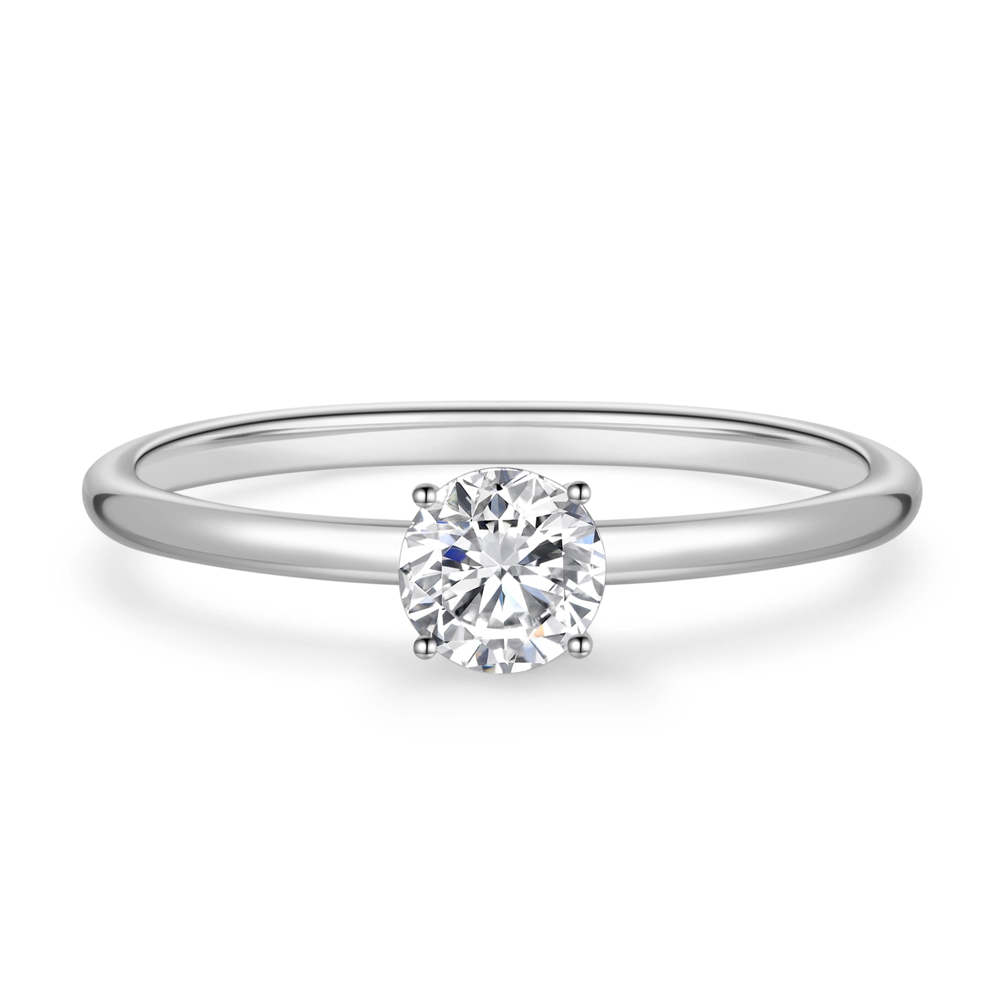 Front detail view of the J'ENCHANTE Soft Curve 18K white gold lab-grown diamond ring, highlighting the round center diamond, four-prong setting and polished band.