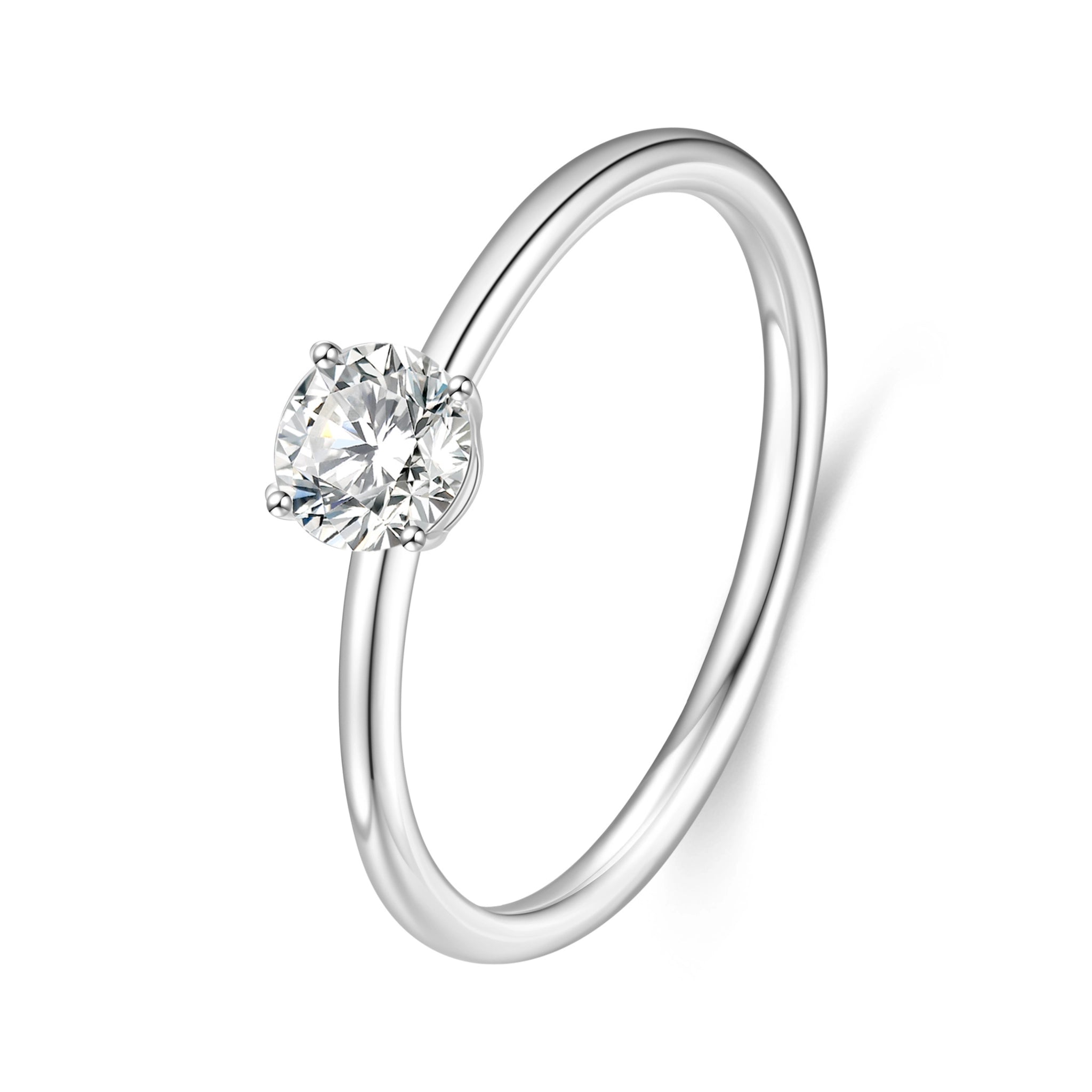 J'ENCHANTE Soft Curve 18K white gold lab-grown diamond solitaire ring, shown on a white background with a round center diamond, four-prong setting and softly curved band.