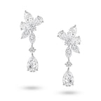 J'ENCHANTE The Celestia Drop earrings in 18K white gold, featuring pear, marquise and round diamonds, shown as a front-facing pair on a white background.