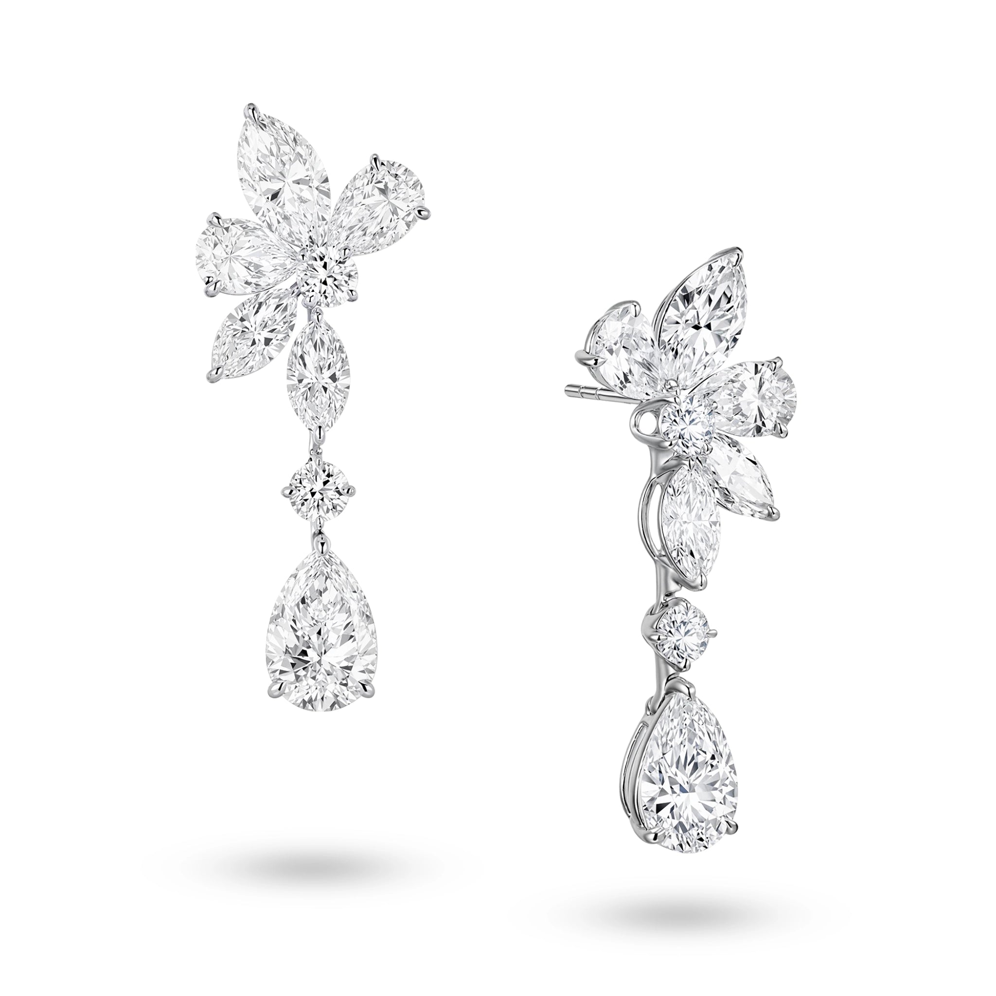 J'ENCHANTE The Celestia Drop 18K white gold diamond earrings, shown with one front view and one side view highlighting the pear-shaped drop diamond and floral cluster setting.