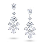 J'ENCHANTE The Grand Aria earrings in 18K white gold, featuring pear, round brilliant and marquise diamonds in a cascading drop design, shown as a front-facing pair on a white background.