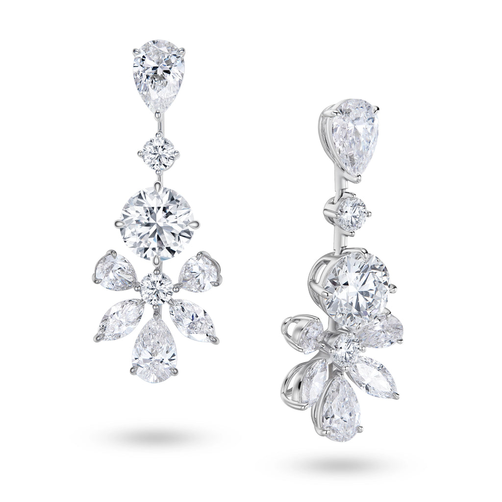 J'ENCHANTE The Grand Aria 18K white gold diamond earrings, shown with one front view and one side view highlighting the pear diamonds, round center diamonds and floral drop setting details.