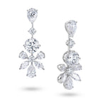 J'ENCHANTE The Grand Aria 18K white gold diamond earrings, shown with one front view and one side view highlighting the pear diamonds, round center diamonds and floral drop setting details.