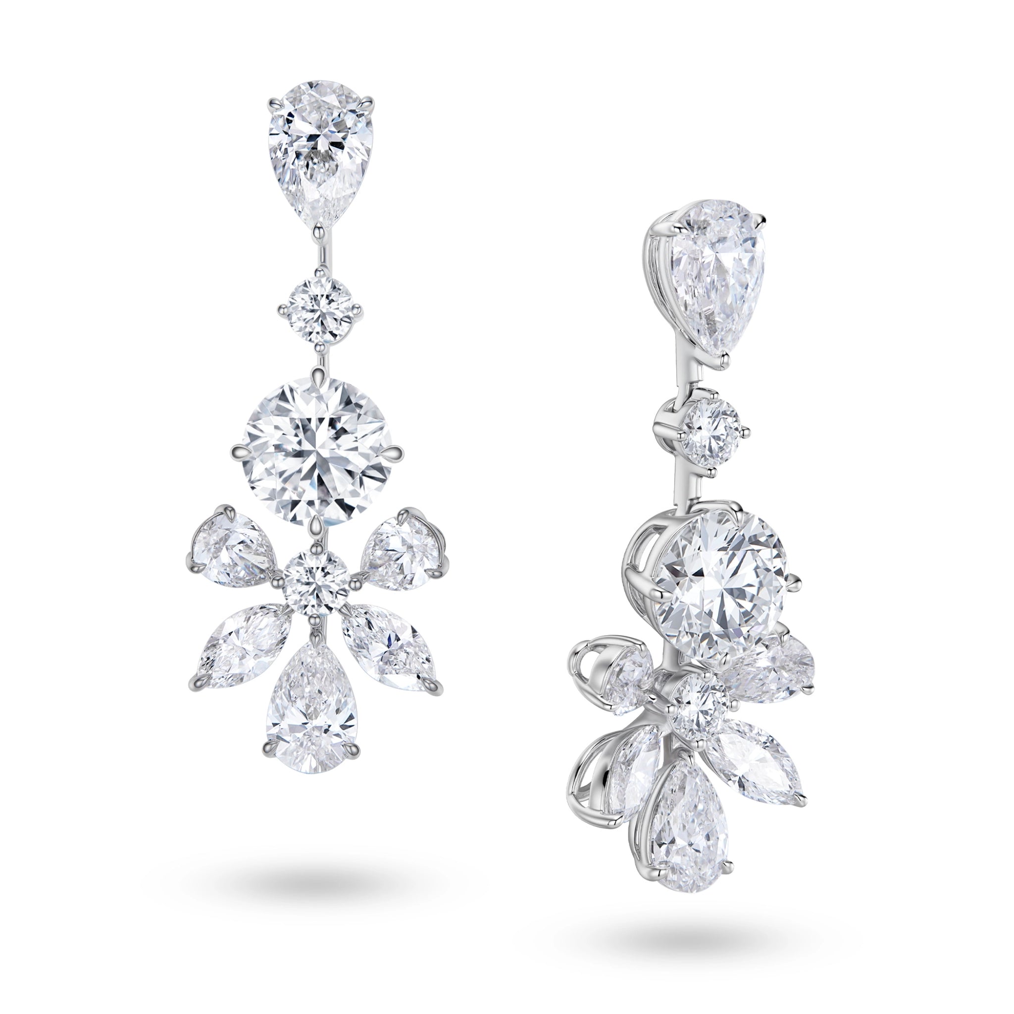 J'ENCHANTE The Grand Aria 18K white gold diamond earrings, shown with one front view and one side view highlighting the pear diamonds, round center diamonds and floral drop setting details.