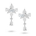 J'ENCHANTE The Lyris Bloom earrings in 18K white gold, featuring pear, marquise and round diamonds in a floral drop design, shown as a front-facing pair on a white background.