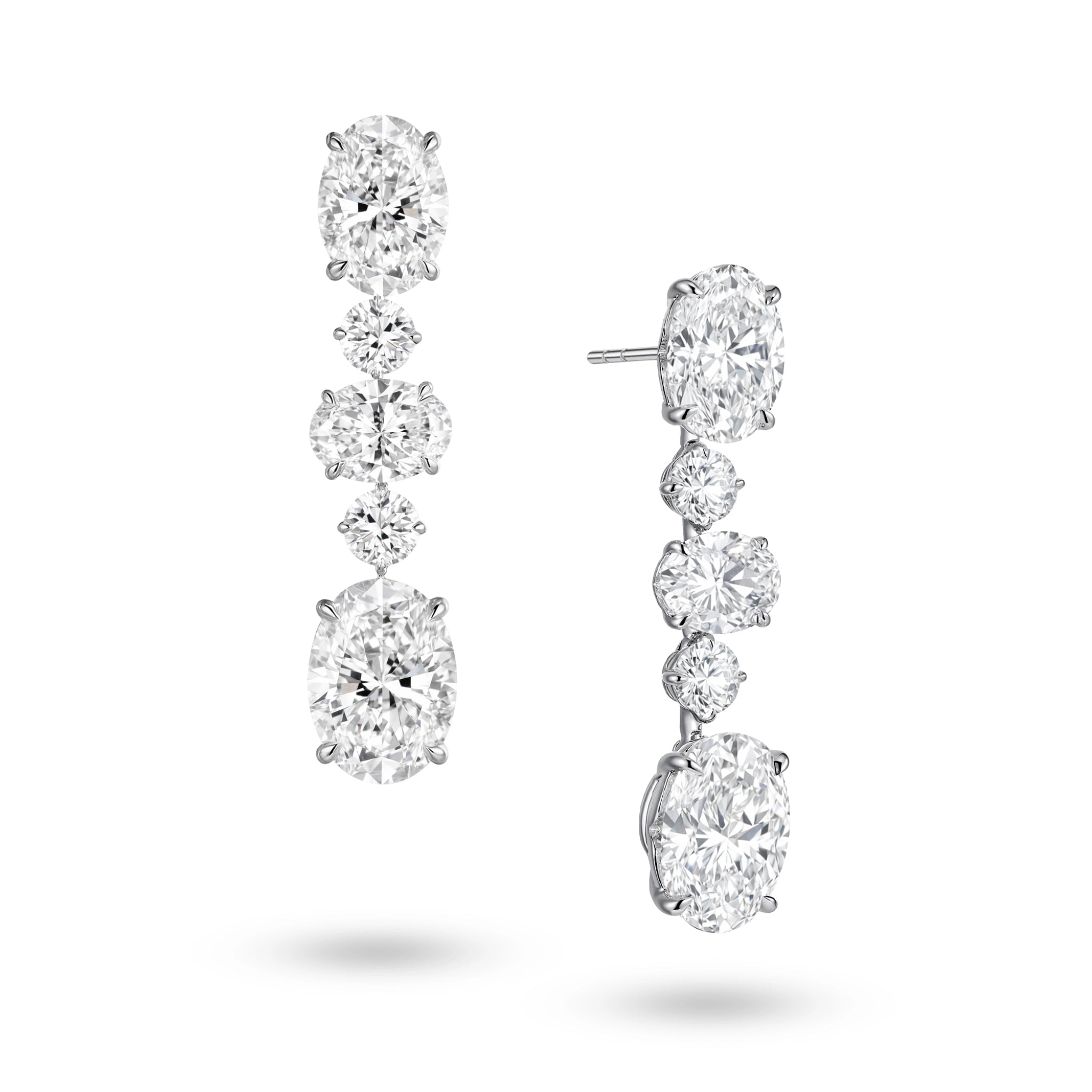 J'ENCHANTE The Élan Line 18K white gold lab grown diamond earrings, shown with one front view and one side view on a white background.