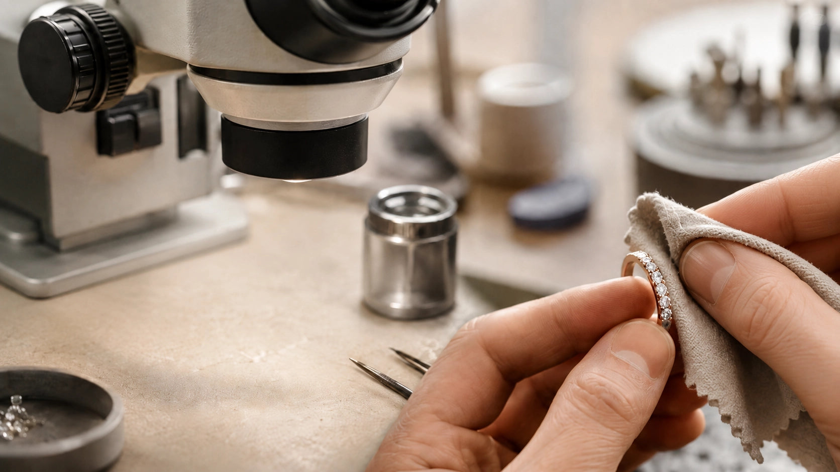 Jeweler inspecting the diamond setting of an 18K gold J’ENCHANTE piece