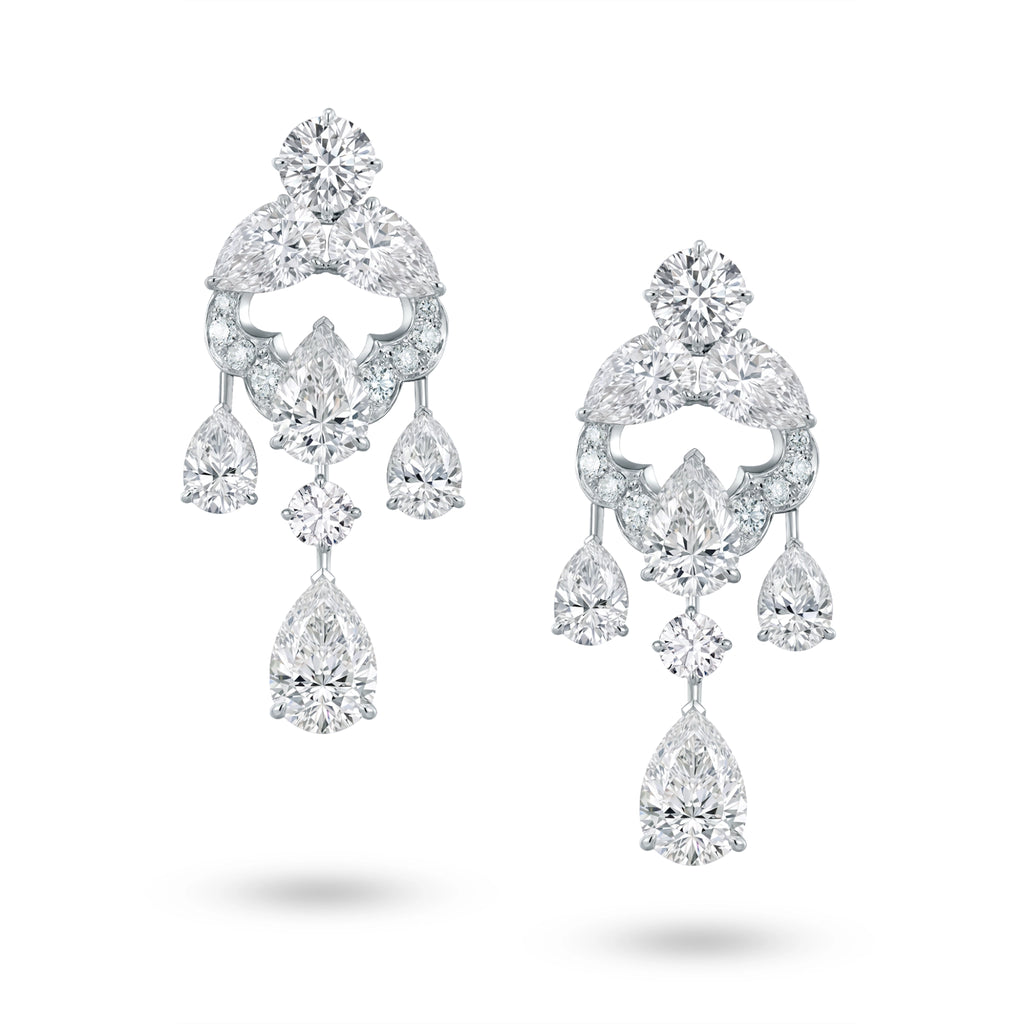 Front view of the J'ENCHANTE Astral Composition high jewelry earrings in 18K white gold. Featuring a breathtaking layered chandelier framework of round and pear-shaped diamonds totaling approximately 17.32 carats, anchored by two magnificent 2-carat pear drops. The symmetrical, celestial-inspired design transforms brilliant diamonds into an extraordinary architecture of light.