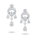 Front view of the J'ENCHANTE Astral Composition high jewelry earrings in 18K white gold. Featuring a breathtaking layered chandelier framework of round and pear-shaped diamonds totaling approximately 17.32 carats, anchored by two magnificent 2-carat pear drops. The symmetrical, celestial-inspired design transforms brilliant diamonds into an extraordinary architecture of light.